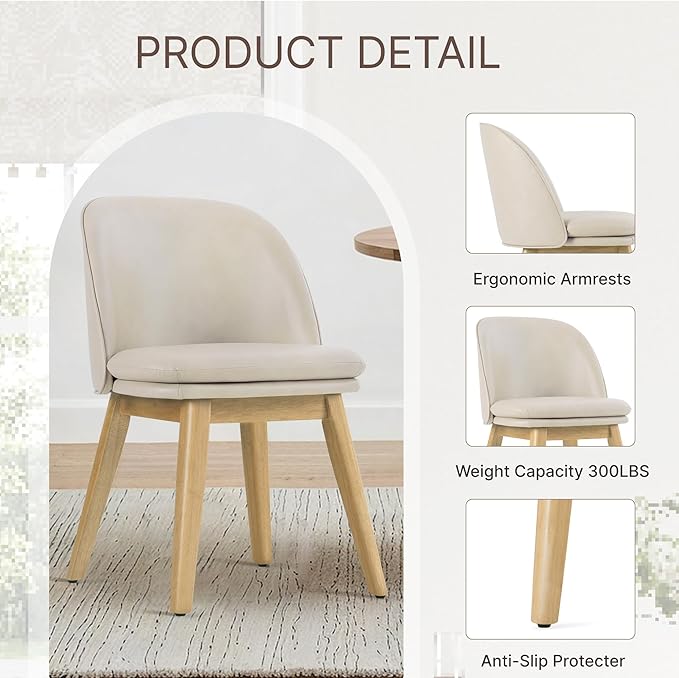 Wooden Dining Chairs Set of 4, Faux Leather Upholstered Modern Dining Room Chairs with Double-Layer Thick Seat Cushion & Ergonomic Backrest for Restaurant, Kitchen and Café, Beige, 2 Boxs