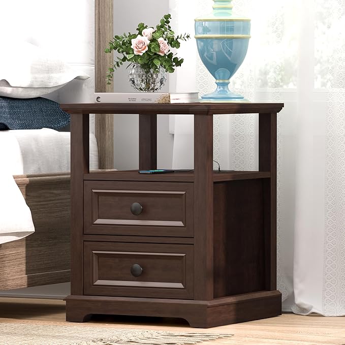 24" Tall End Table with Charging Station, Double 18W Fast Charge End Table, Large 18” Bedside Table with Drawers,Rustic Wood Storage Cabinet with Open Shelf for Bedroom,Cherry