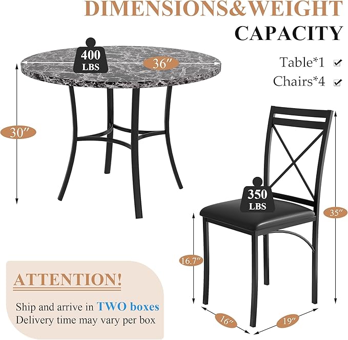 VECELO 5 Piece Dining Table Set for 4, Faux Marble Dinette with Chairs for Kitchen, Breakfast Nook, Small Space, Black