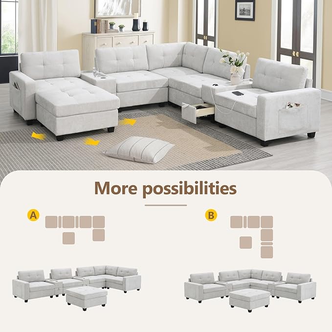 Merax 104 * 104" Chenille Sectional Couches with 2 Acrylic Consoles, Upholstered Modular Tufted Sofa Chaise with Ottoman, Storage Drawers, Pockets, USB Charger & Cup Holders for Living Room Apartment