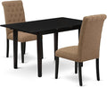 East West Furniture NOBR3-BLK-17 3 Piece Dining Room Table Set Contains a Rectangle Kitchen Table with Butterfly Leaf and 2 Light Sable Linen Fabric Parson Chairs, 32x54 Inch, Black