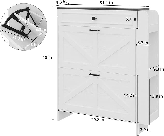 IRONCK Shoe Storage Cabinet with 2 Flip Drawers & Barn Door Design, Freestanding Shoe Cabinet Organizer with Drawer and Shelves for Entryway, Farmhouse Shoe Rack Cabinet, White/Black
