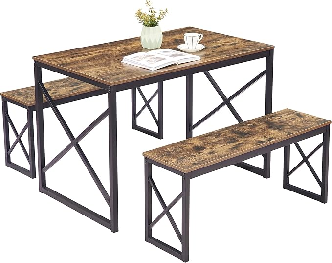 VECELO Kitchen Table with 2 Benches for 4, 43.3'' Wood Dining Room Dinette Sets with X Metal Frame for Breakfast Nook and Small Space, Brown