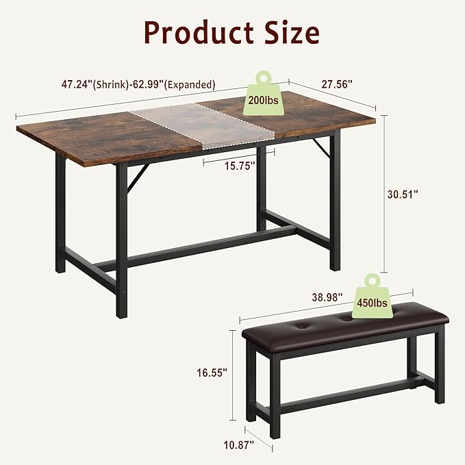 3-Piece Dining Table Set for 4-6 People, Extendable Kitchen Table Set with 2 Upholstered Benches, Dining Room Table Set for Apartment, Kitchen, Living Room, Brown