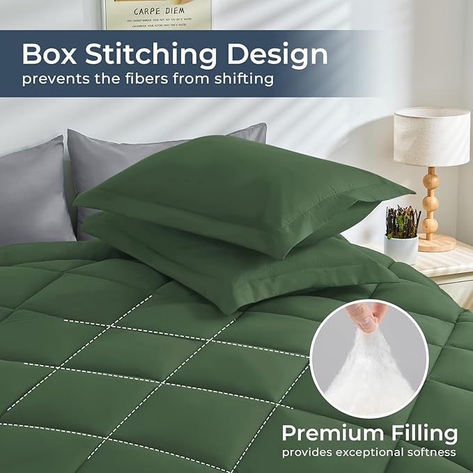 HEVUMYI Queen Comforter Set - 7-Piece All Season Bed in a Bag Queen, Ultra Soft Bedding Set with Comforter, Flat Sheet, Fitted Sheet, Pillowcases, Pillow Shams, Green & Light Grey