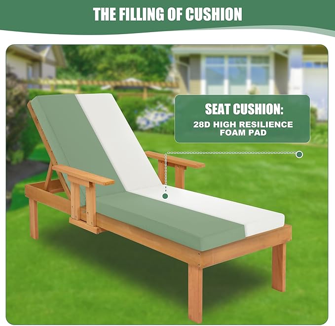 Chaise Lounge Cushions Outdoor - Waterproof and Fade Resistant Sun Lounger Replacement Cushions - Patio Lounger Pads with Removable Cover for Pool, Deck, Lawn, 72 x 21 x 3 Inch, Sage Green