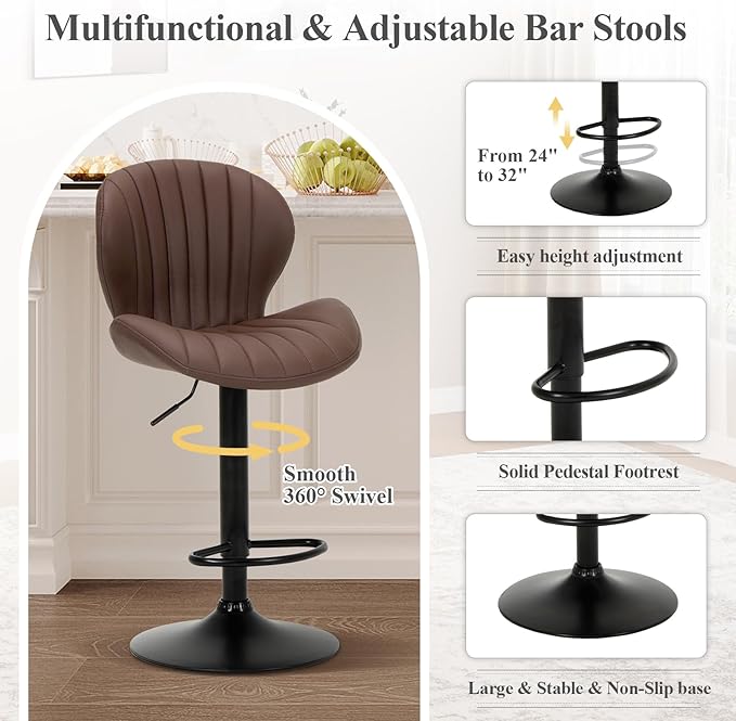 COLAMY Bar Stools Set of 4, Modern Swivel Bar Chairs, Adjustable Faux Leather Upholstered Barstools Counter Height with High Backrest for Bar, Kitchen Island, Dining Room, Brown