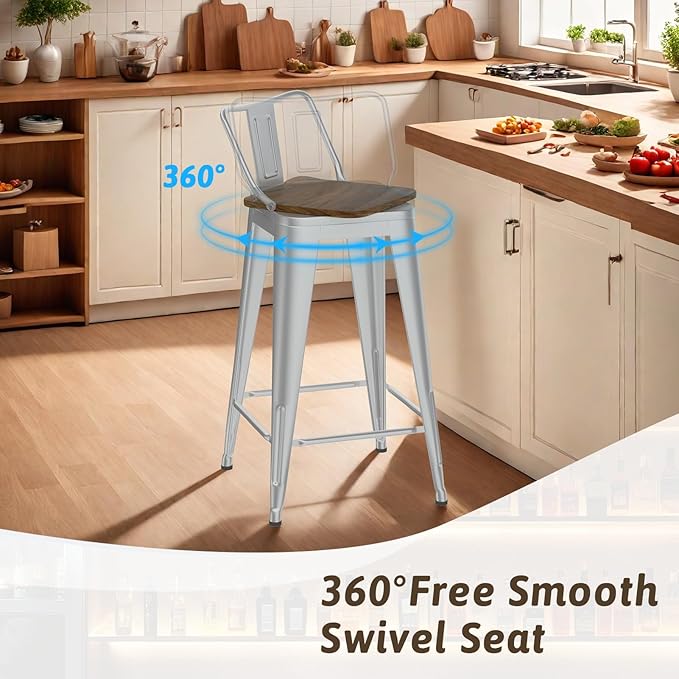 26 Inch Swivel Bar Stools Set of 4, Counter Height Bar Stools with Low Back, Metal Industrial Bar Chairs for Kitchen Island (Silver)