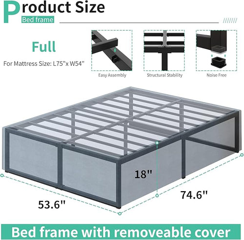 18 Inch Full Size Bed Frame with Storage Bed Cover Skirt, Heavy Duty Metal Full Platform Bed Frame No Box Spring Needed, Easy Assembly, Noise Free, Black and Blue