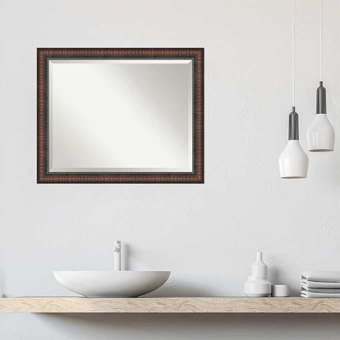 Amanti Art Brown Wall Mirror 26x32 Caleb Brown Rectangle Bathroom Mirror for Wall Decor Living Room, Large Rustic Farmhouse Frame, Hangs Horizonally and Vertically, Bathroom Decor, Beveled Edge