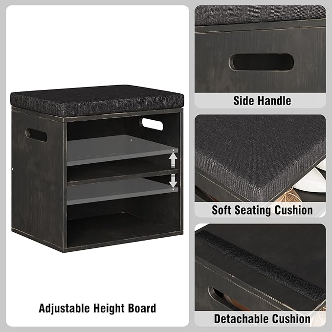 Bamboo Small Shoe Bench for Entryway 2 Tier Shoe Storage Bench with Cushion Adjustable Shoe Rack with Padded Seat for Living Room Hallway (Antique Black)