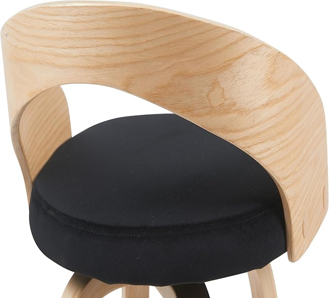 Sonia Modern Swivel Bar Height Stool with Black Upholstered Seat and Patterned Oak Wood Finish Set of 4