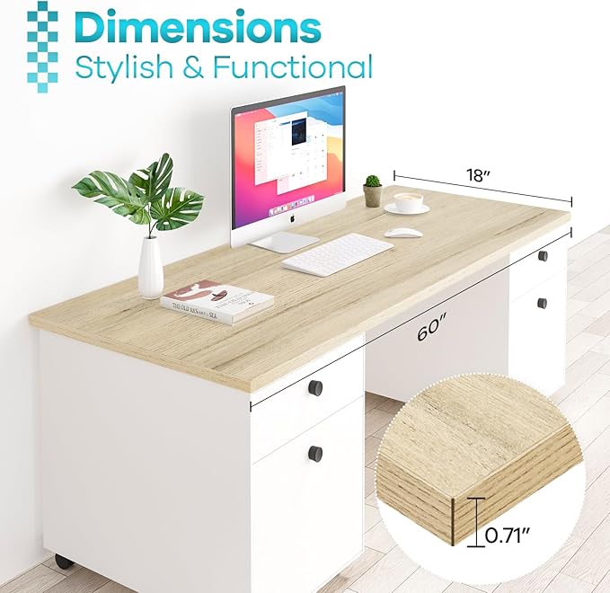 Kaboon Universal Tabletop 60"x18", Solid One-Piece Melamine Table Top, Double Desk L-Desk DIY, Home and Office Countertop, Oak/Grey Tone