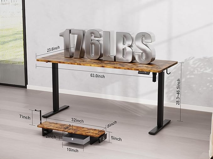 63x24 Inches Electric Standing Desk with Drawer and Monitor Stand, Height Adjustable Sit to Stand up Desk for Home Office, Ergonomic Computer Table with Phone Holder, 3 Hooks, Rustic Brown