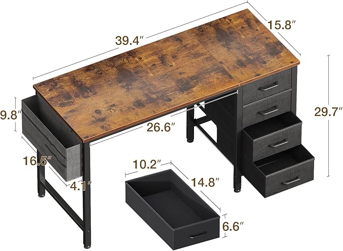 Casaottima 40-Inch Small Desk with 4 Fabric Drawers, Compact Study Desk for Students and Kids, Space-Saving Work Table for Bedroom or Small Spaces, Vintage