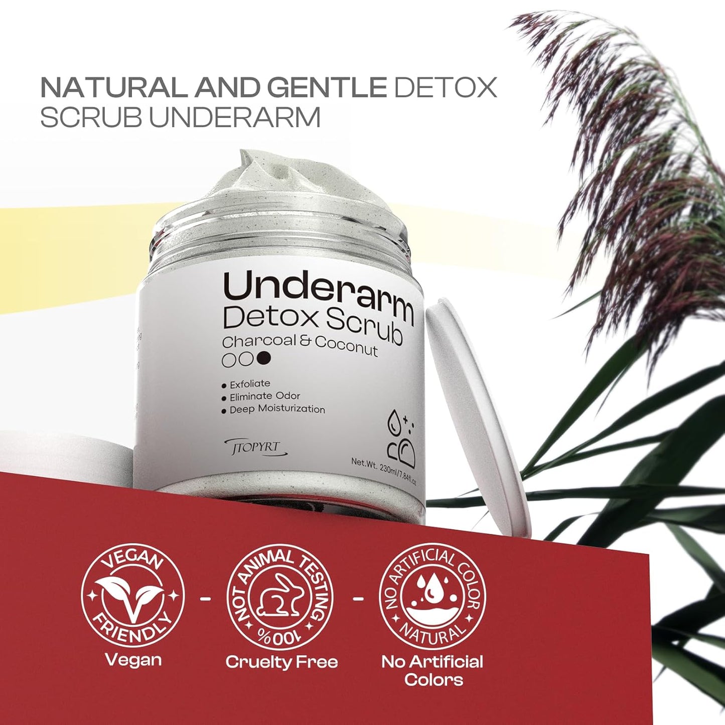 Coconut Charcoal Underarm Detox Scrub: Armpit Detox Exfoliating Nourishing for Natural Eliminate Odor Vegan Gentle for Sensitive Skin