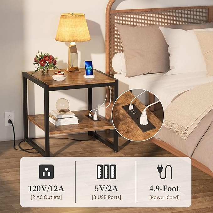 Homieasy End Table with Charging Station, 20 Inch Mini Fridge Stand with 2-Tier Open Shelf, Square Bedside Nightstand & Sofa Side Table for Small Spaces, Rustic Brown - 2 Pack