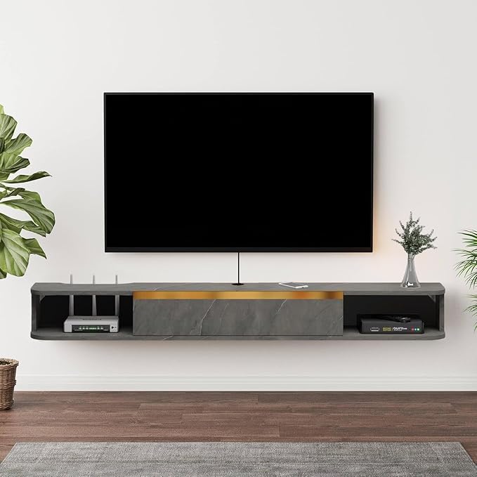 Floating TV Stand, 71'' Wall Mounted Entertainment Center TV Media Console, Floating Shelves with Door, Floating TV Cabinet Large Storage TV Bench for Living Room (Dark Grey, 70.86IN)