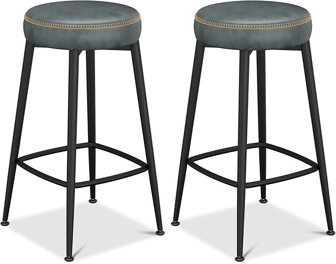 Counter Height Bar Stools, 26" H Backless Bar Stools Set of 8, Upholstered Faux Leather Kitchen Counter Stools, Mid Century Modern, Kitchen Island Home Bar, Pub, Black Blue