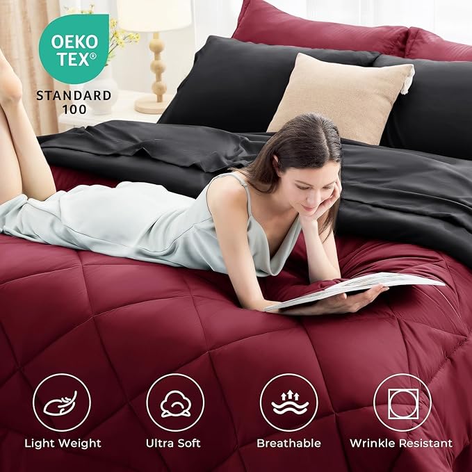 HEVUMYI Red & Black Twin-XL Comforter Set - 5-Piece All Season Bed in a Bag Twin-XL, Ultra Soft Bedding Set with Burgundy Comforter, Flat Sheet, Fitted Sheet, Pillowcases, Pillow Shams