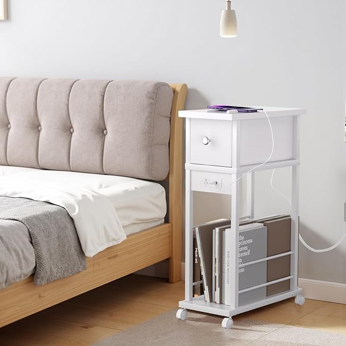 Side Table with Charging Station and Drawer, Narrow End Table with USB Ports and Outlets for Small Space, Living Room, Bedroom and Office, with 4 Wheels (1, White)