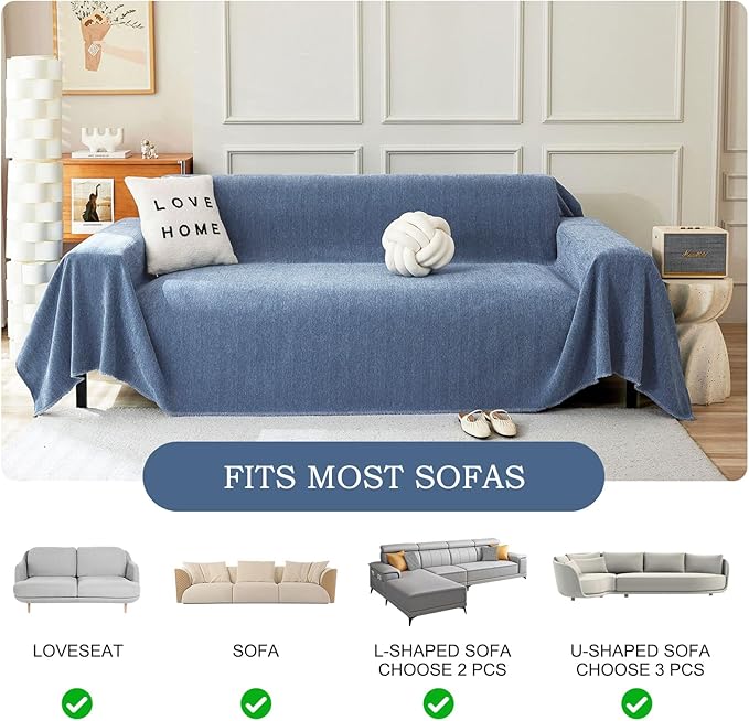 STACYPIK Durable Simple Blue Sofa Cover for Pets Kids Textured Herringbone Chenille Couch Covers for 2 Cushion Couch L Shape Couch Cover Versatile Protector Cover Multi-Use Blanket Washable-91X118IN