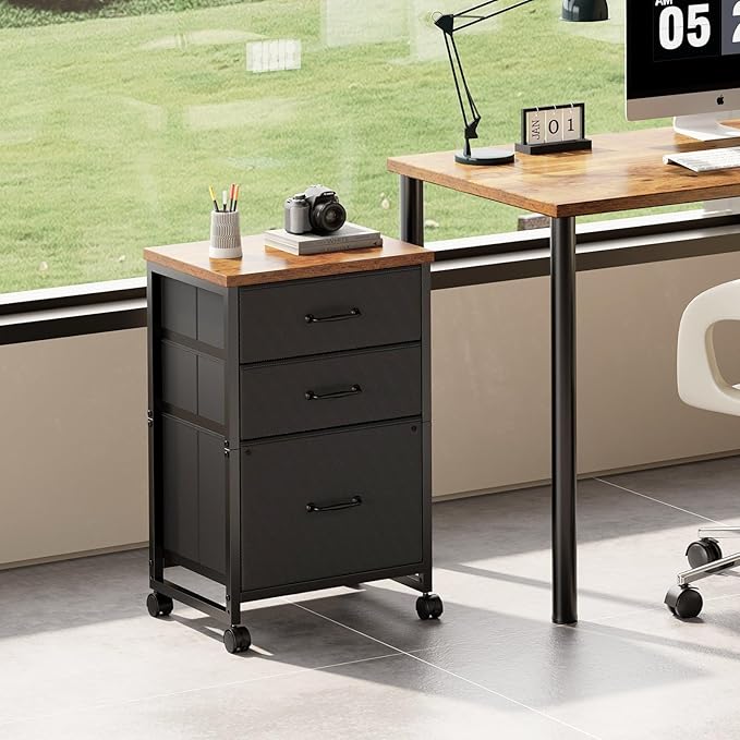 3 Drawer Mobile File Cabinet with Wheels Fabric Vertical Filing Cabinet fits A4 or Letter Size for Home Office,Rustic Brown
