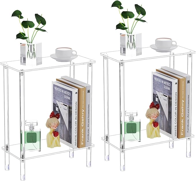 Clear Acrylic Narrow Side Table Set of 2 for Small Spaces, 15.75" L x 7.87" W x 19.82" H, 2 Tier Rectangle Slim End Table Nightstand, Small Bedside Table for Bedroom, Bathroom, Living Room