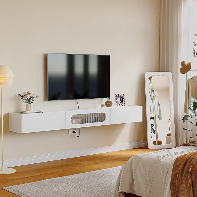 Floaticase Floating TV Stand, 78IN Fully Assembled Hign Gloss Wall Mounted TV Console with Flip-Down Door & Drawers for Livingroom, Bedroom