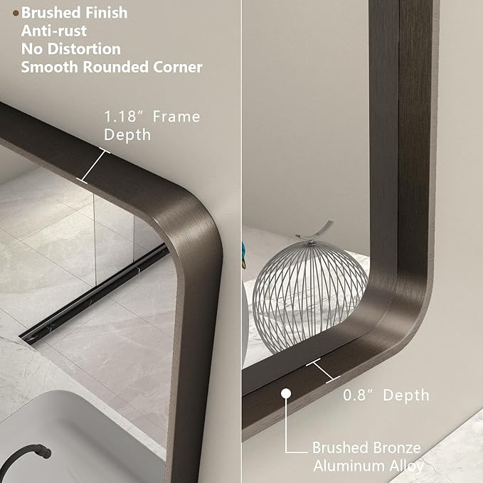 60x36 Bronze Bathroom Vanity Mirror for Wall, Large Bronze Frame Mirror with Brushed Metal Frame, Rounded Rectangle Mirror, Shatterproof, Anti-Rust (Horizontal/Vertical)