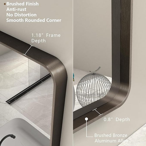 24x36 Bronze Bathroom Mirror, Brushed Metal Bathroom Vanity Mirrors for Wall, Modern Rounded Corner Rectangle Mirror for Farmhouse, Bedroom, Anti-Rust (Horizontal/Vertical)