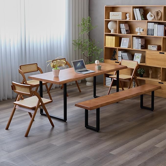 Brown Bench Wooden Long Bench with Metal Legs for Office Restaurant Living Room Meeting Room Indoor Seating Multiple (tan bench55.12in)