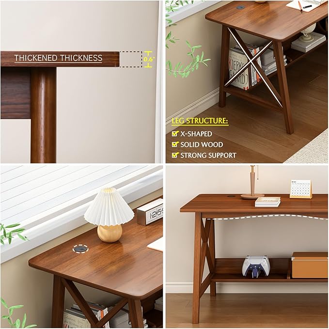 Extra Long Desk with Bookshelf - Wooden Home Office Work Study Table, 2-Person Writing Computer Workstation with Storage Shelf in Walnut, 71" Wx24 Dx30 H