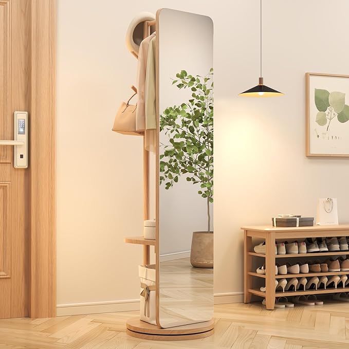 70"x16"Full Length Mirror with Stand,Coat Rack with Mirror,Solid Wood Floor Mirror,Swivel Mirrorfor Bedroom, Living Room, Cloakroom