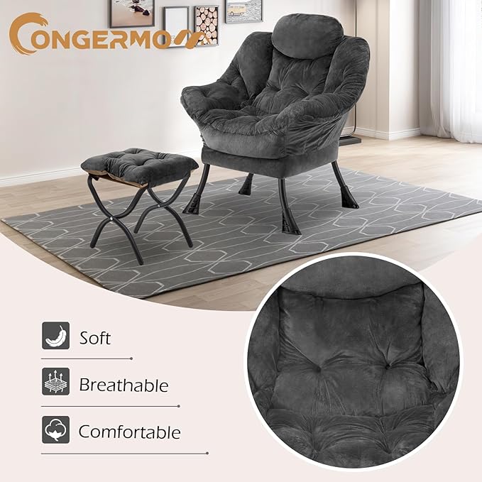 Lazy Chair with Folding Ottoman,Leisure Sofa Chair,Soft Fabric Armchair with Armrests and Side Pockets, Reading Chair with Footrest for Living Room, Bedroom, Office (Plush Dark Grey)