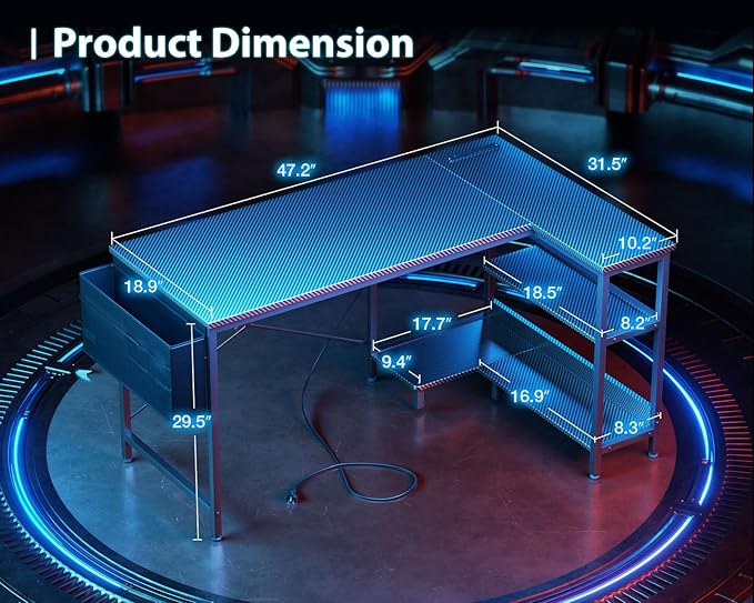 ODK 48 Inch Small L Shaped Gaming Computer Desk with Power Outlets, Corner Desk with Reversible Storage Shelves & PC Stand for Small Space, Modern Simple Home Office Table, Carbon Fiber Surface, Black