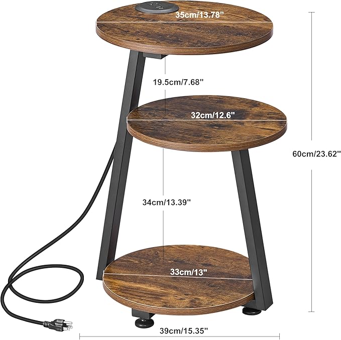 BEWISHOME Round End Table with Charging Station, Side Table Accent Nightstand Bedside Table with 3-Tier Shelves, Small Couch Table for Living Room Bedroom Rustic Brown KTZ51Z