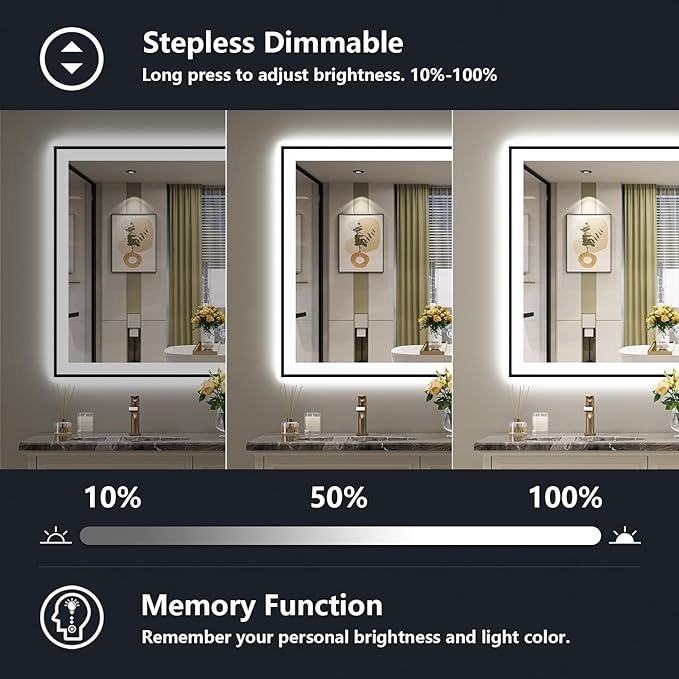 44x36 Inch LED Bathroom Mirror with Lights (Front Lit and Backlit) Black Framed Lighted Vanity Mirror for Bathroom Wall Dimmable Anti-Fog Memory Tempered Glass Horizontal/Vertical