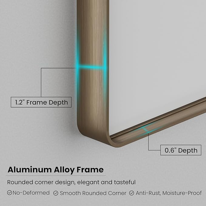 Bronze Bathroom Mirror 50x30 Inch, Brushed Bronze Metal Frame Mirror for Wall, Rounded Rectangle Bathroom Vanity Mirror with Tempered Glass, Anti-Rust, Horizontal/Vertical