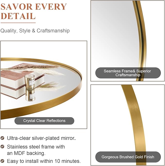 ANDY STAR Gold Oval Mirrors for Bathroom, 20x28 Inch Brushed Gold Stainless Steel Metal Framed Oval Wall Mirror, Modern Vanity Mirror Wall Mount Horizontal or Vertical