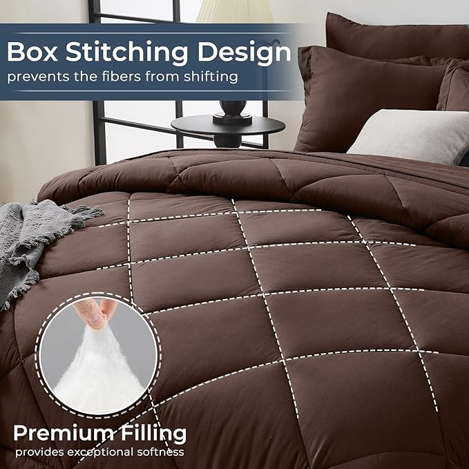 HEVUMYI Brown Full Comforter Set - 7-Piece All Season Bed in a Bag Full, Ultra Soft Bedding Set with Comforter, Flat Sheet, Fitted Sheet, Pillowcases, Pillow Shams