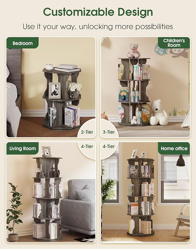 4 Tier Rotating Bookshelf, Spinning Bookshelf Tower Lazy Susan, Corner Revolving Storage Rack for Bedroom, Study Room, Kids Room, Living Room, Office, Gray