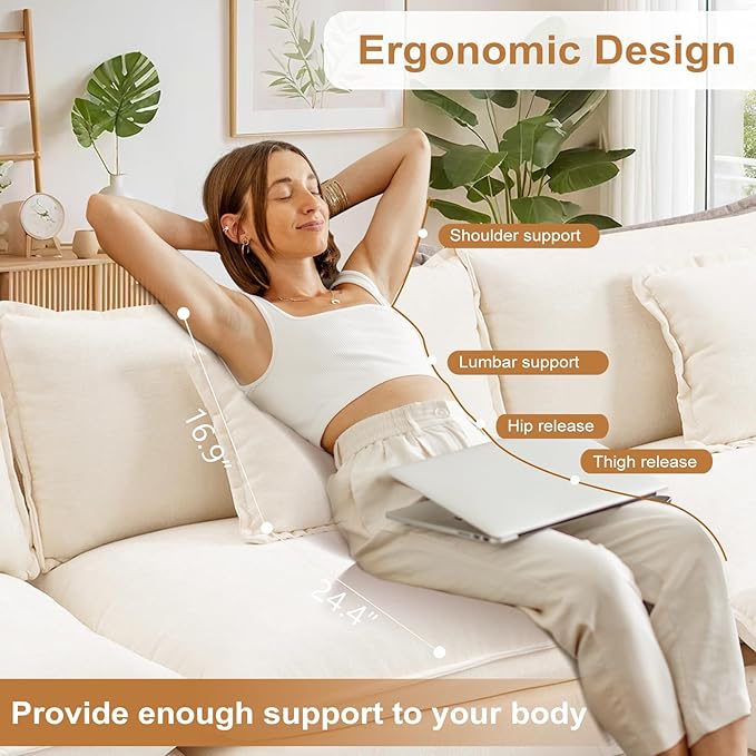 Furniliving 112‘’ L-Shaped Sofa, Luxury Chenille Modular Sectional Couches with Ottoman, Upholstered Deep Seat Sleeper Sofa with Memory Foam and Waist Pillows, Beige