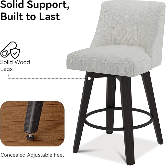 Counter Height Swivel Bar Stools Set of 4, 26 Inch Bar Stools with Footrest, Linen Fabric Upholstered Barstools with Back and Solid Wood Legs for Kitchen Island, Dining Room,Pub,White