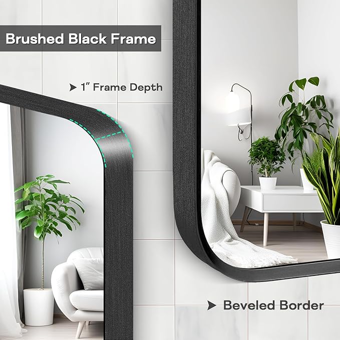 Wall Mount Mirror for Bathroom, Brushed Black Metal Framed Large Rounded Corner Rectangular Vanity Mirror, Tempered Glass (28" x 60", Black)
