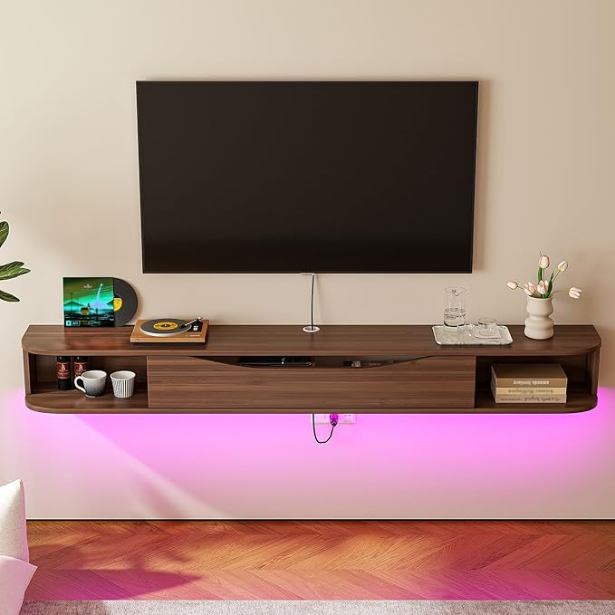 Floating TV Stand,78'' Wall Mounted TV Cabinet,Floating TV Console,Under TV Shelf with 1 Door and 2 Cabinets for TVs up to 78''(Walnut)