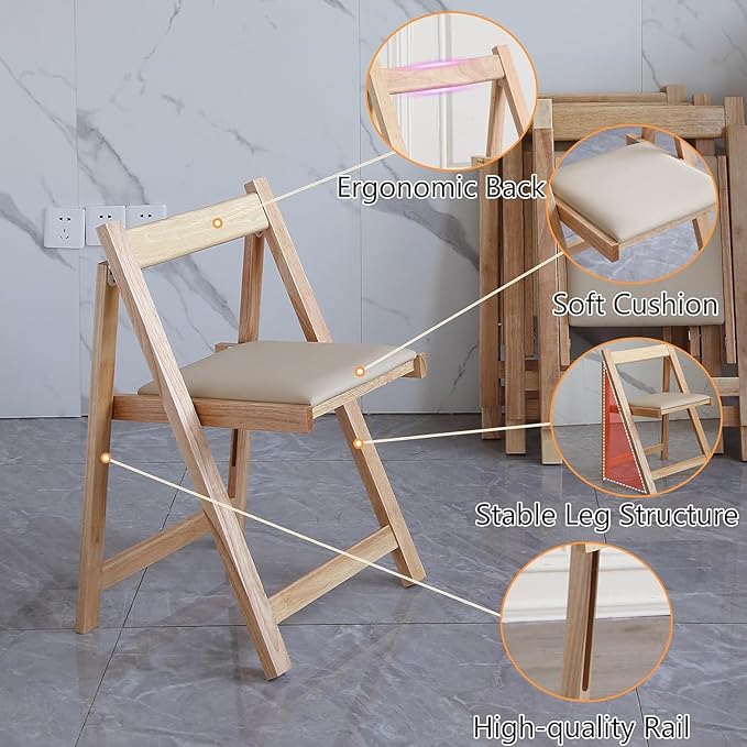 Wood Round Folding Dining Table with 4 Chairs, Solid Wood Folding Chair Set of 2, Space Saving Foldable Dining Table with 4 Chairs