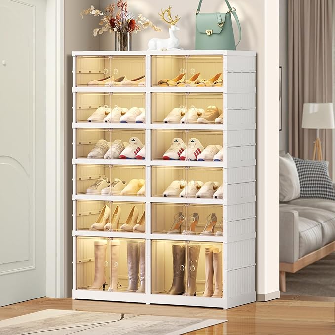 6 Tier Foldable Shoe Rack Organizer for Closet 12-24Pairs Plastic Collapsible Shoe Shelf for front door entrance Stackable Clear Folding Shoes Storage Boxes XLarge Shoe Cabinet