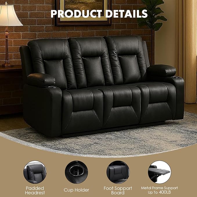 LUCKLIFE Leather Recliner Sofa Set with Manual Recliners,Living Room Furniture Set with Reclining Couch,Loveseat and Armchair,Living Room Chair with Cup Holders,Black (3)