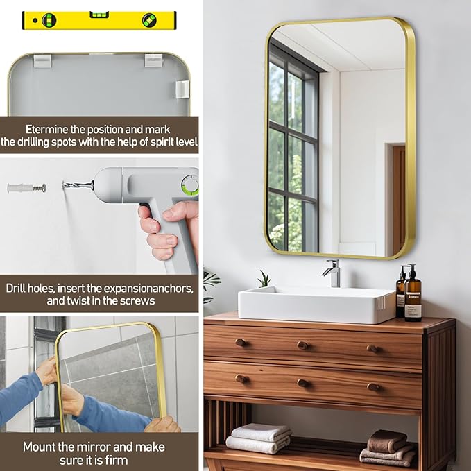 Matte Gold Mirror, 20x28 Inch Brushed Gold Mirror, Aluminum Alloy Framed Vanity Mirror, Rounded Rectangle Bathroom Mirror for Over Sink, Anti-Rust Wall Mirror (Horizontally or Vertically)